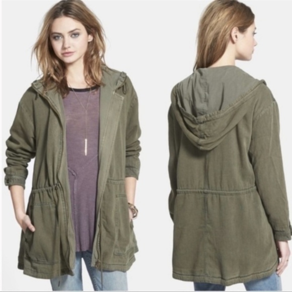 Free People Distressed Army Green Hooded Lightweight Jacket